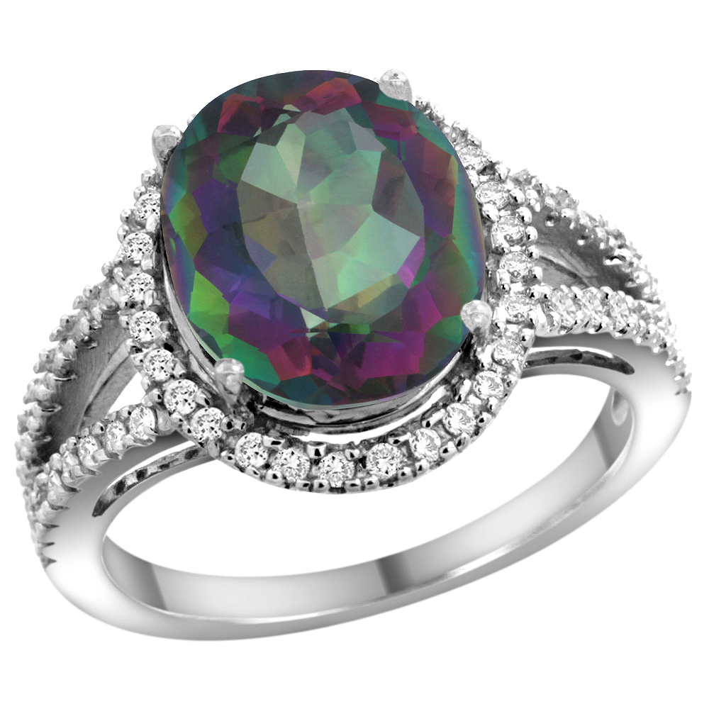 14k White Gold Natural Mystic Topaz Ring Oval 12x10mm Diamond Accents, sizes 5 - 10