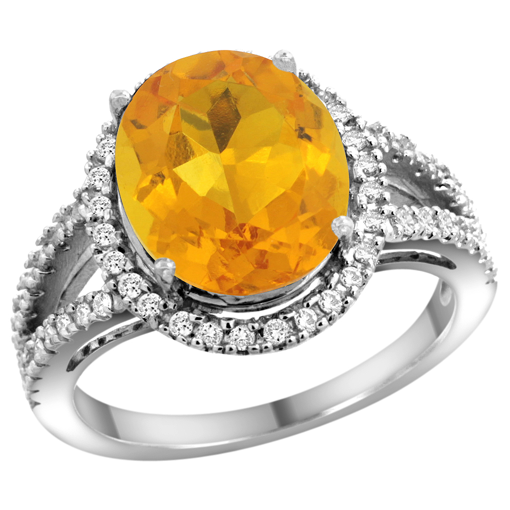 14k White Gold Natural Citrine Ring Oval 12x10mm Diamond Accents, sizes 5 - 10