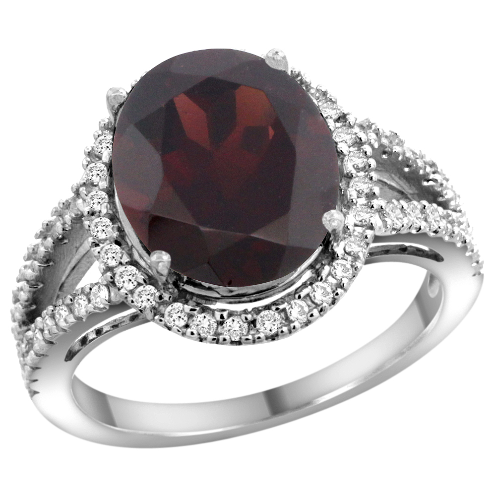 14k White Gold Natural Garnet Ring Oval 12x10mm Diamond Accents, sizes 5 - 10