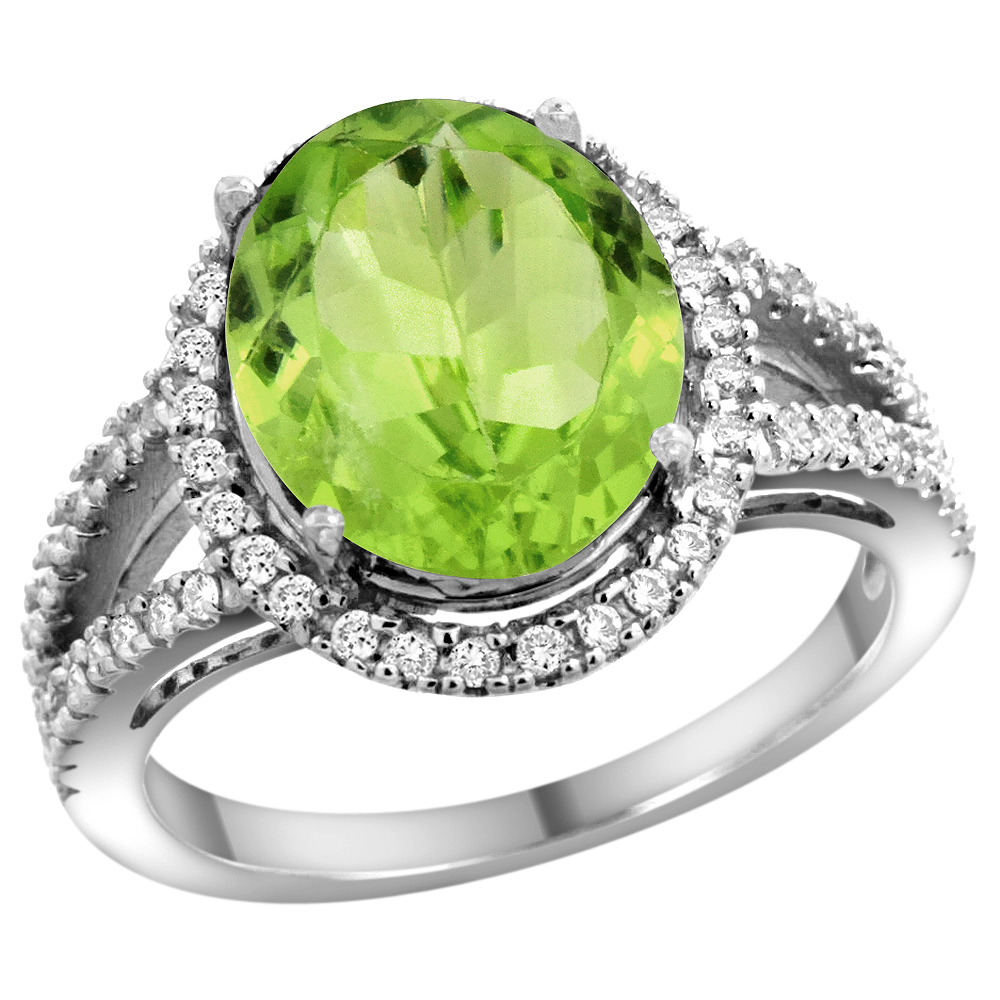 14k White Gold Natural Peridot Ring Oval 12x10mm Diamond Accents, sizes 5 - 10