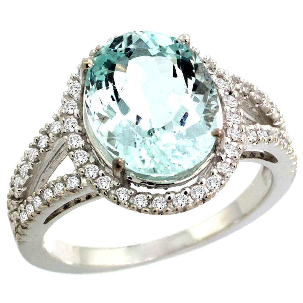 14k White Gold Natural Aquamarine Ring Oval 12x10mm Diamond Accents, sizes 5 - 10