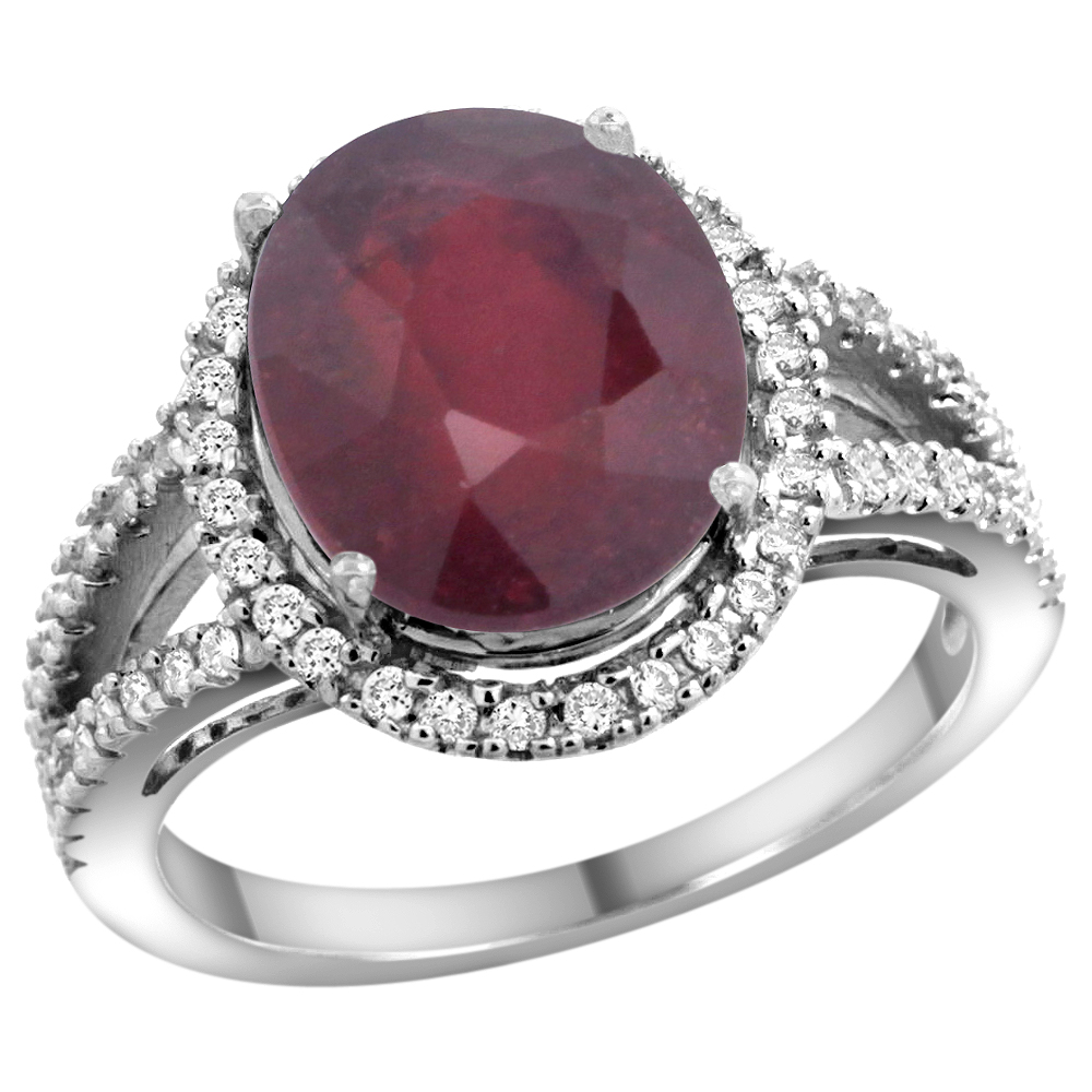 14k White Gold Enhanced Ruby Ring Oval 12x10mm Diamond Accents, sizes 5 - 10