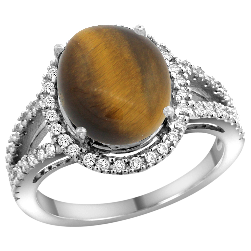 14k White Gold Natural Tiger Eye Ring Oval 12x10mm Diamond Accents, sizes 5 - 10