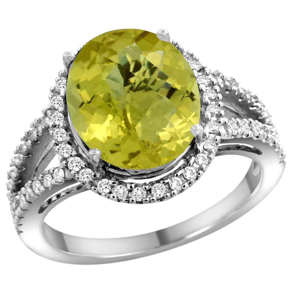 14k White Gold Natural Lemon Quartz Ring Oval 12x10mm Diamond Accents, sizes 5 - 10