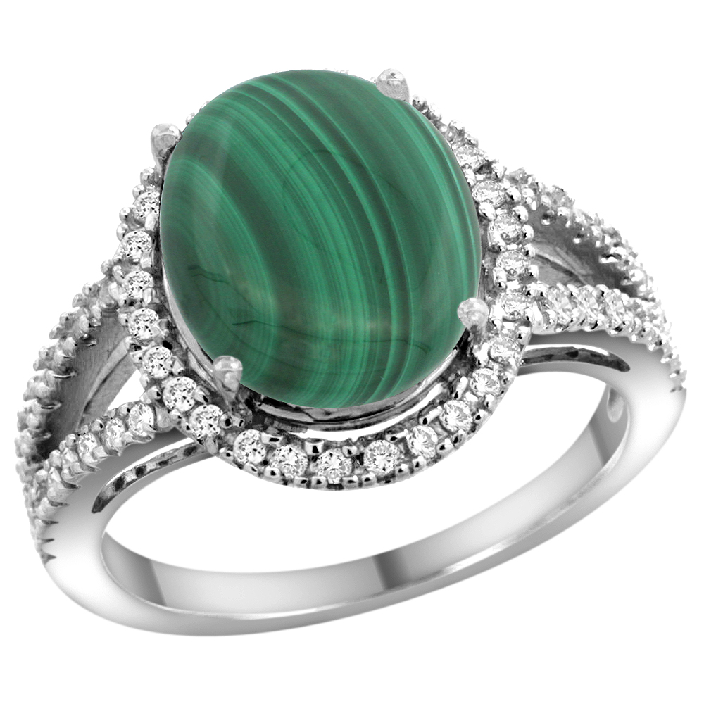 14k White Gold Natural Malachite Ring Oval 12x10mm Diamond Accents, sizes 5 - 10