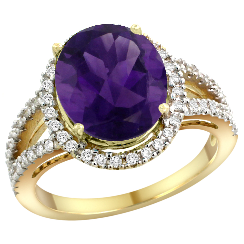 14k Yellow Gold Natural Amethyst Ring Oval 12x10mm Diamond Accents, sizes 5 - 10