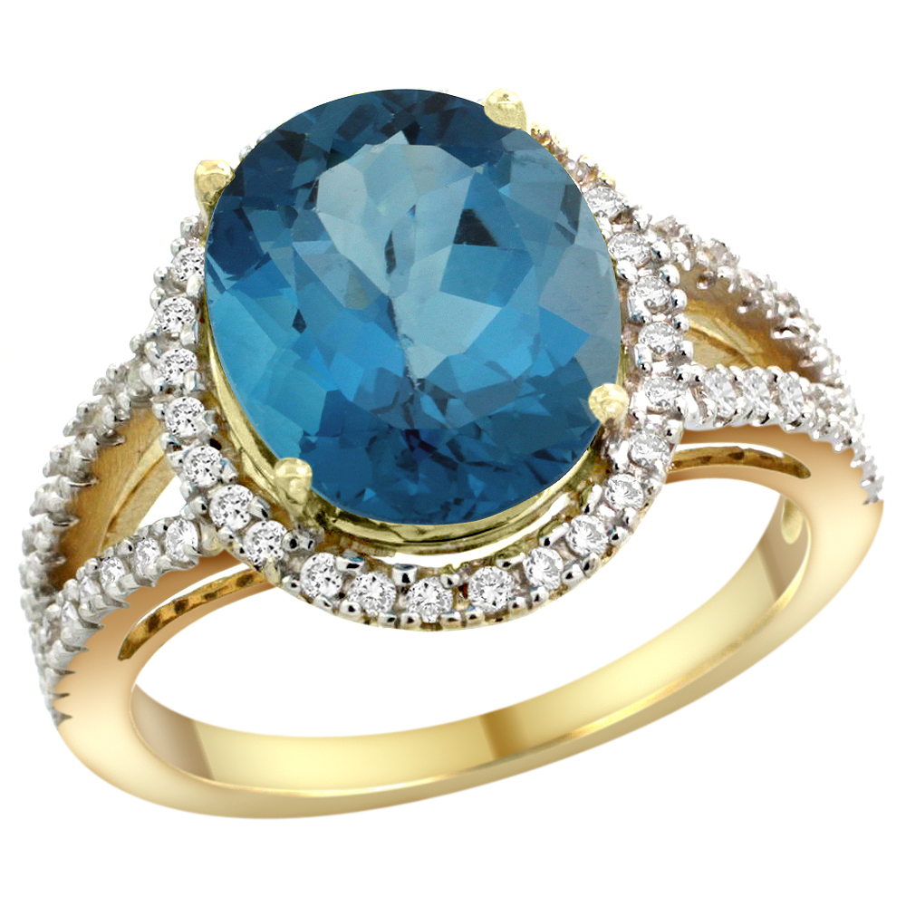 14k Yellow Gold Natural London Blue Topaz Ring Oval 12x10mm Diamond Accents, sizes 5 - 10
