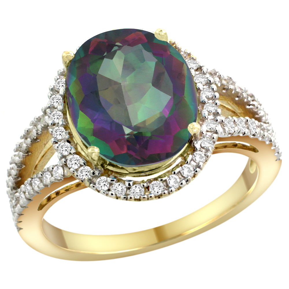 14k Yellow Gold Natural Mystic Topaz Ring Oval 12x10mm Diamond Accents, sizes 5 - 10