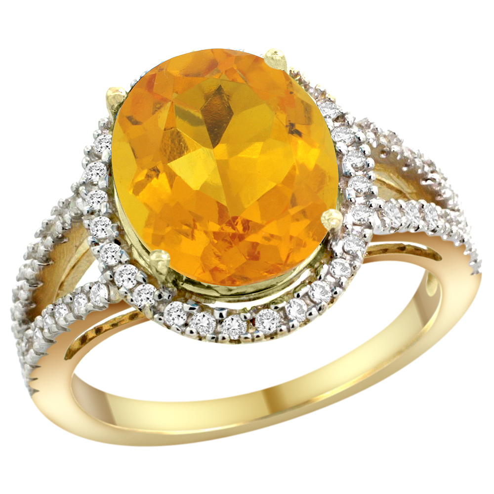 14k Yellow Gold Natural Citrine Ring Oval 12x10mm Diamond Accents, sizes 5 - 10