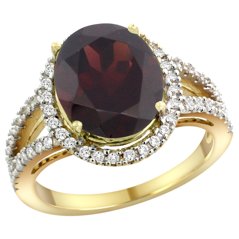 14k Yellow Gold Natural Garnet Ring Oval 12x10mm Diamond Accents, sizes 5 - 10