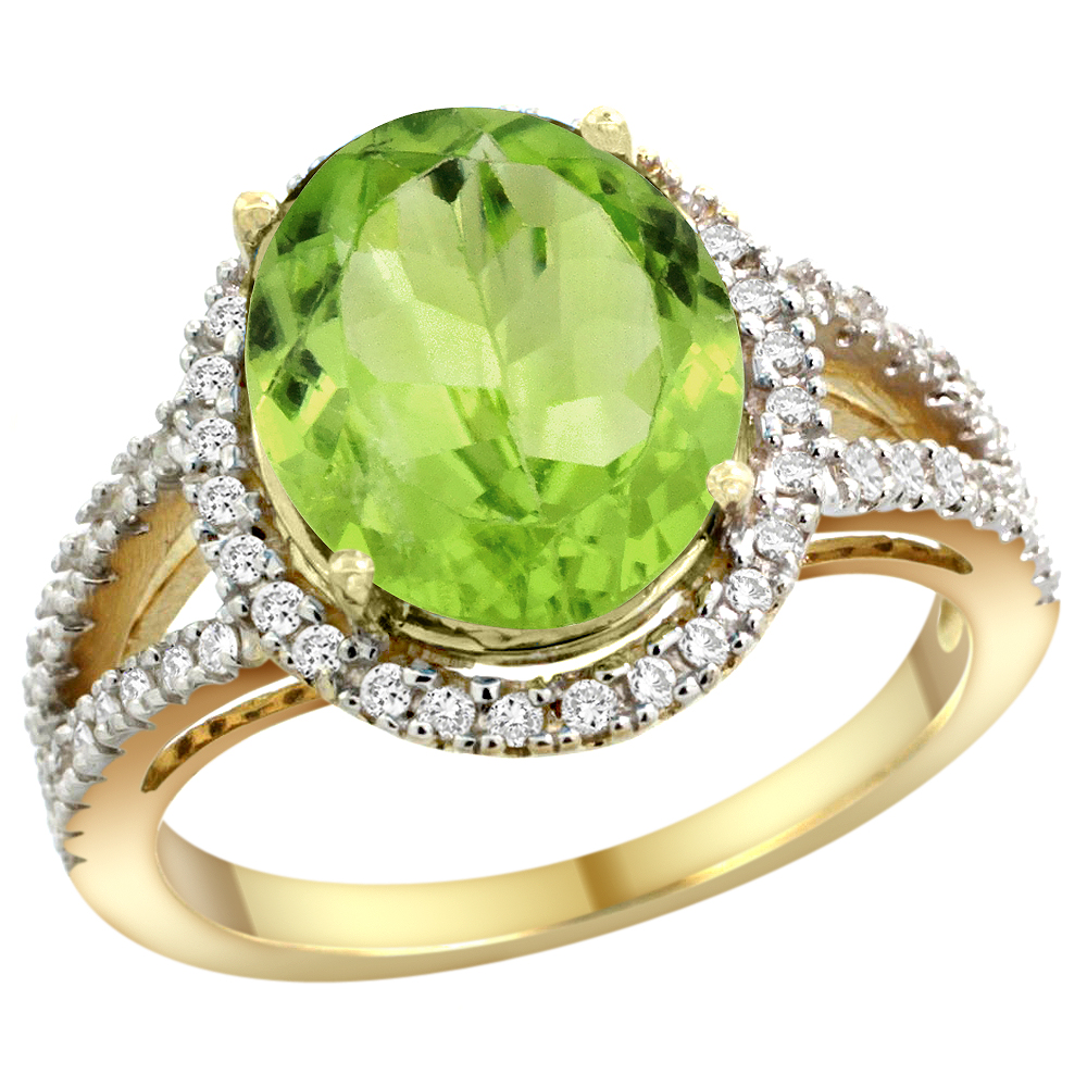 14k Yellow Gold Natural Peridot Ring Oval 12x10mm Diamond Accents, sizes 5 - 10