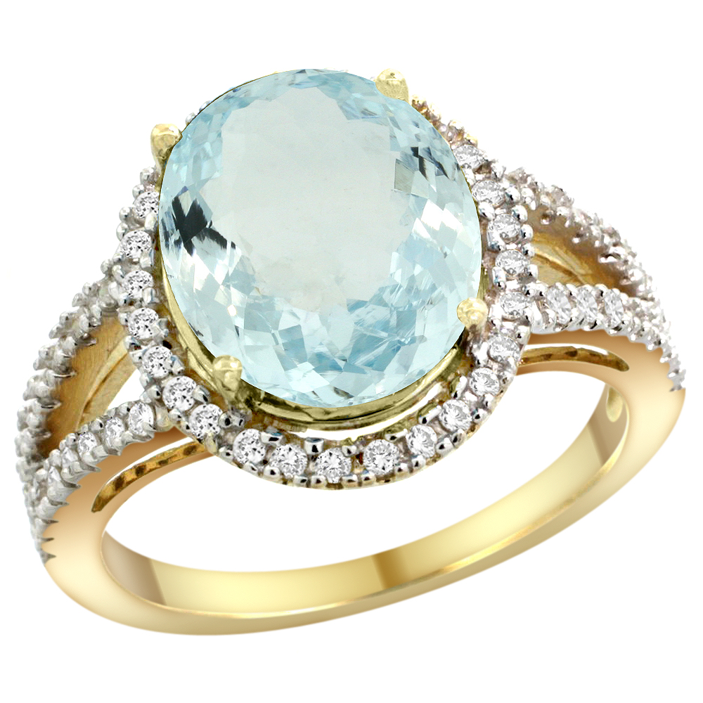 14k Yellow Gold Natural Aquamarine Ring Oval 12x10mm Diamond Accents, sizes 5 - 10