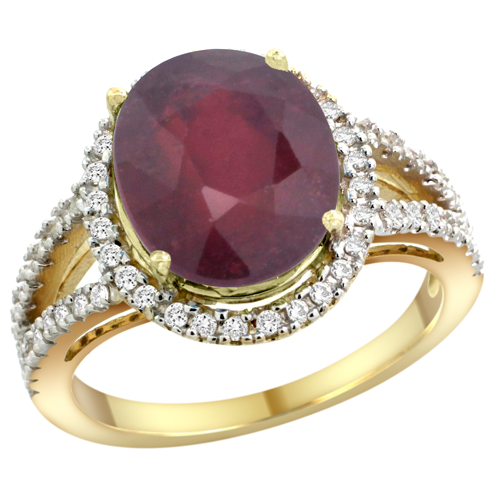14k Yellow Gold Enhanced Ruby Ring Oval 12x10mm Diamond Accents, sizes 5 - 10