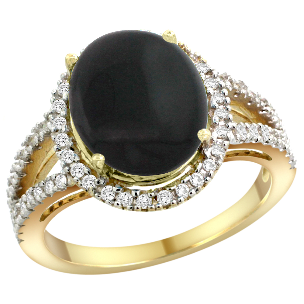 14k Yellow Gold Natural Black Onyx Ring Oval 12x10mm Diamond Accents, sizes 5 - 10
