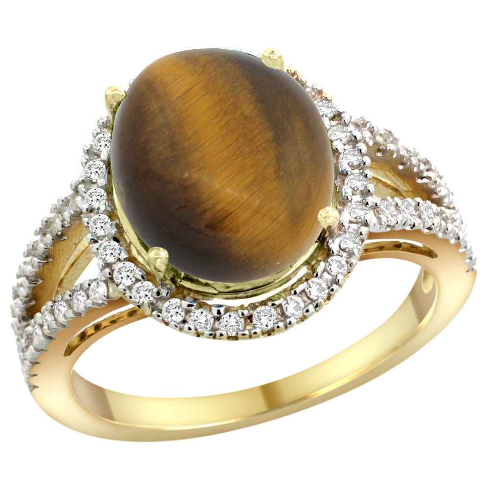 14k Yellow Gold Natural Tiger Eye Ring Oval 12x10mm Diamond Accents, sizes 5 - 10