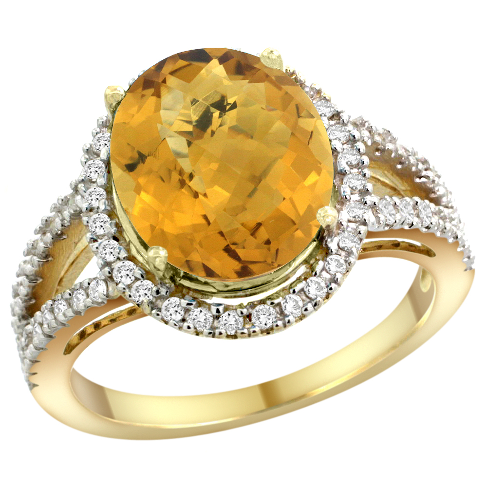 14k Yellow Gold Natural Whisky Quartz Ring Oval 12x10mm Diamond Accents, sizes 5 - 10