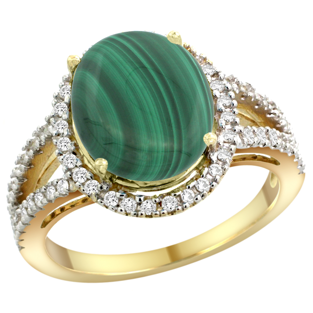 14k Yellow Gold Natural Malachite Ring Oval 12x10mm Diamond Accents, sizes 5 - 10