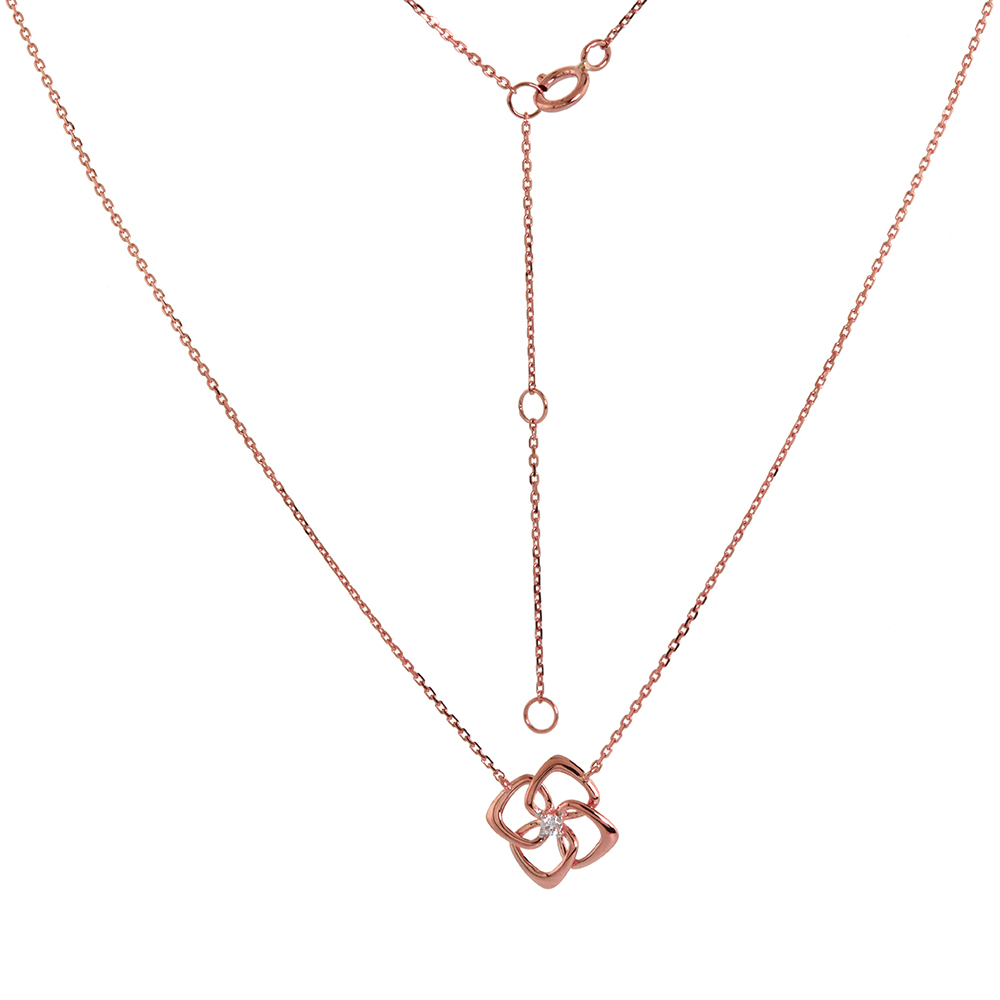 Dainty 14k Rose Gold Diamond Quatrefoil Necklace 16-18 inch 0.03 cttw
