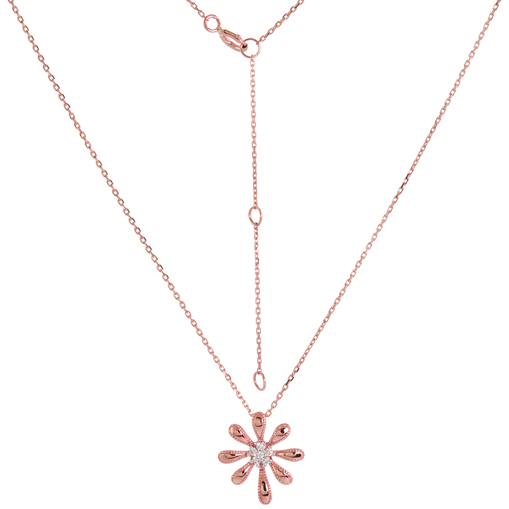 DAINTY 14K ROSE GOLD DIAMOND DAISY FLOWER NECKLACE 16-18 INCH 0.05 CTTW