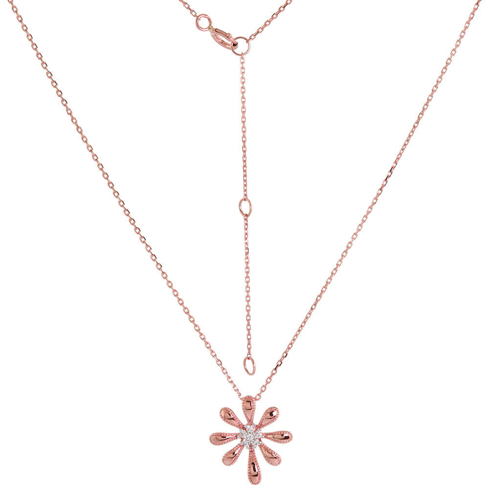 Dainty 14k Rose Gold Diamond Daisy Flower Necklace 16-18 inch 0.05 cttw