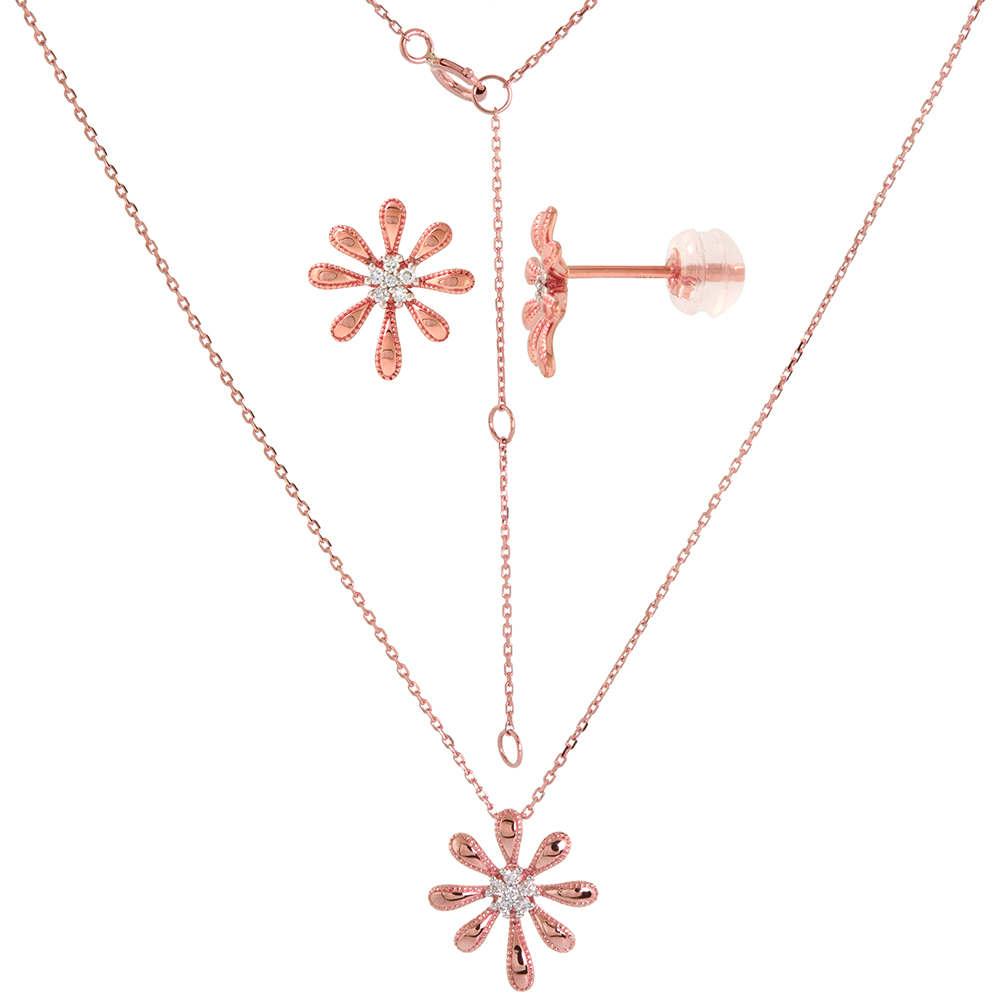 Dainty 14k Rose Gold Diamond Daisy Flower Earrings and Necklace Set 0.11 cttw