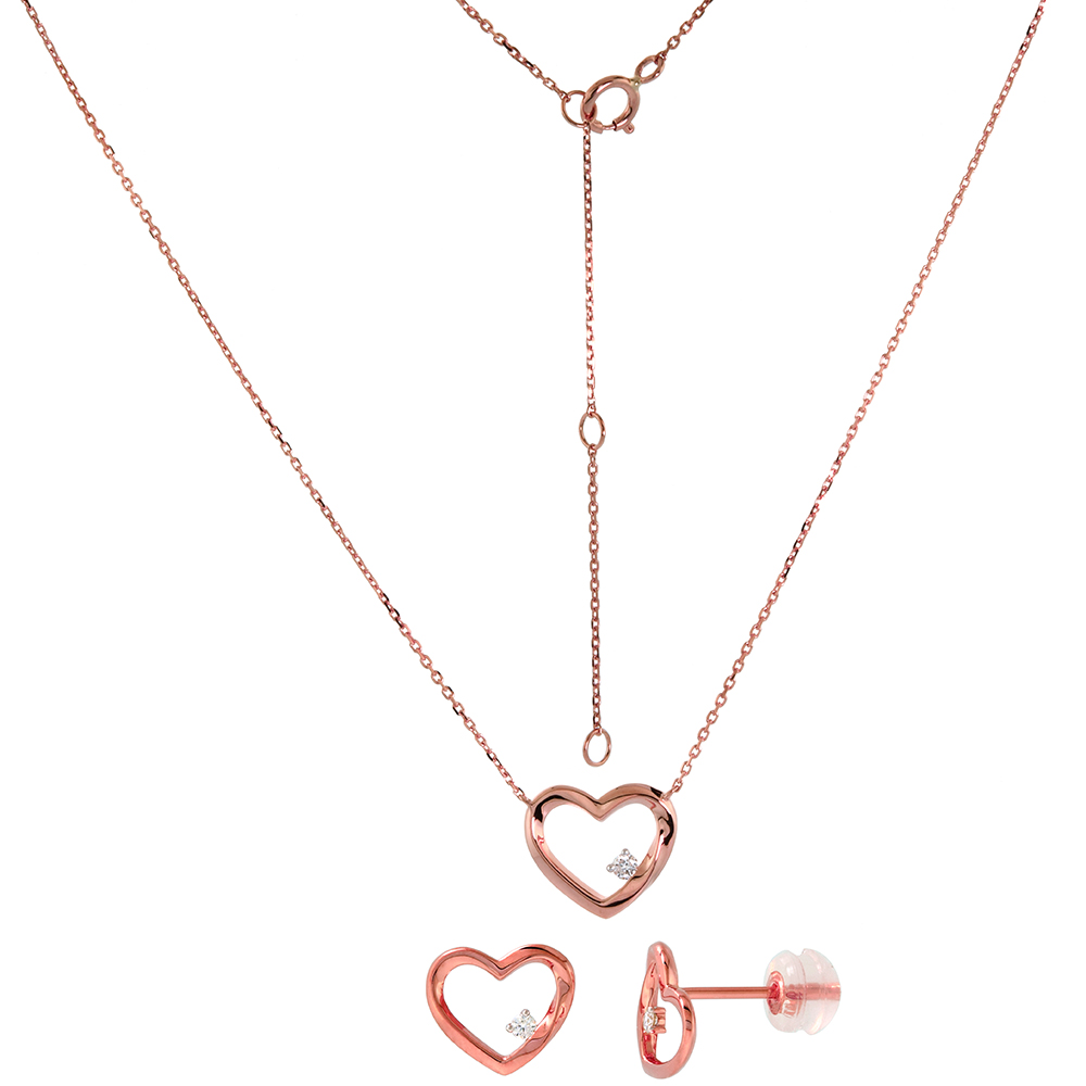 Dainty 14k Rose Gold Diamond Open Heart Earrings and Necklace Set 0.1 cttw