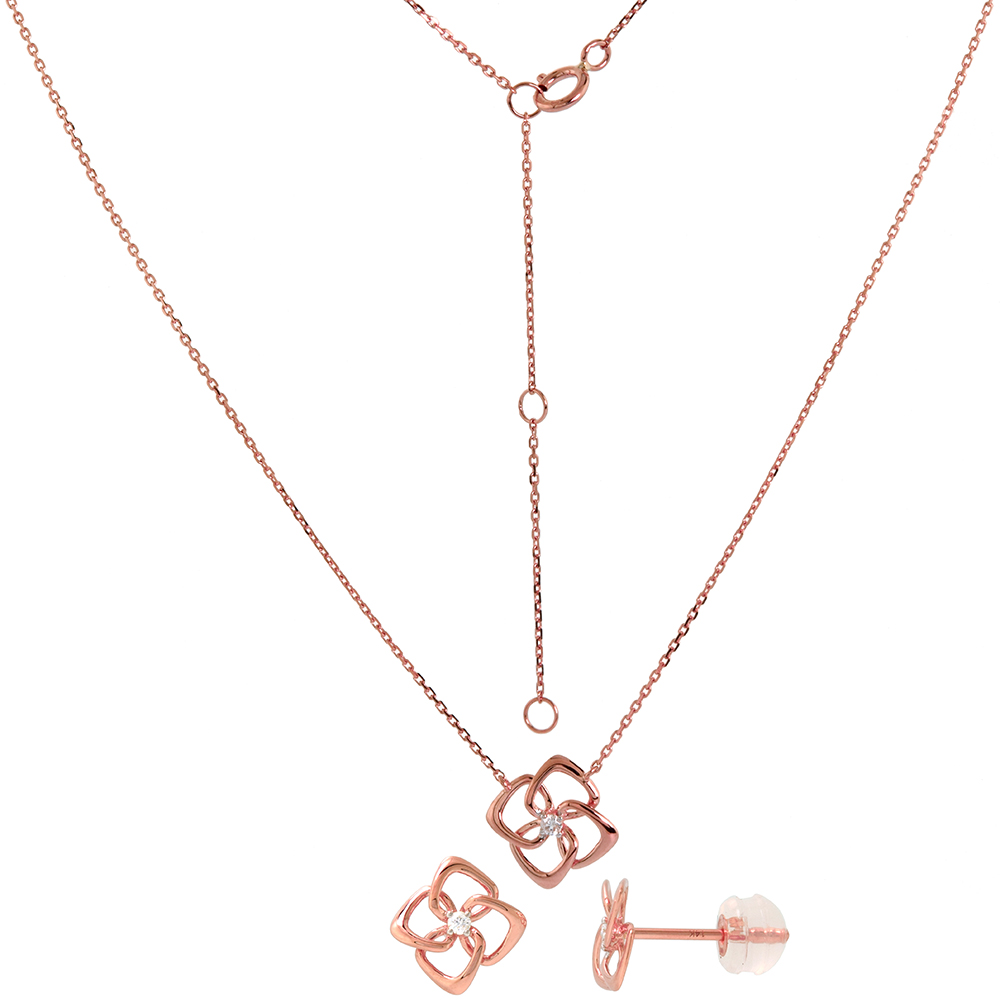 Dainty 14k Rose Gold Diamond Quatrefoil Earring and Necklace Set 0.06 cttw
