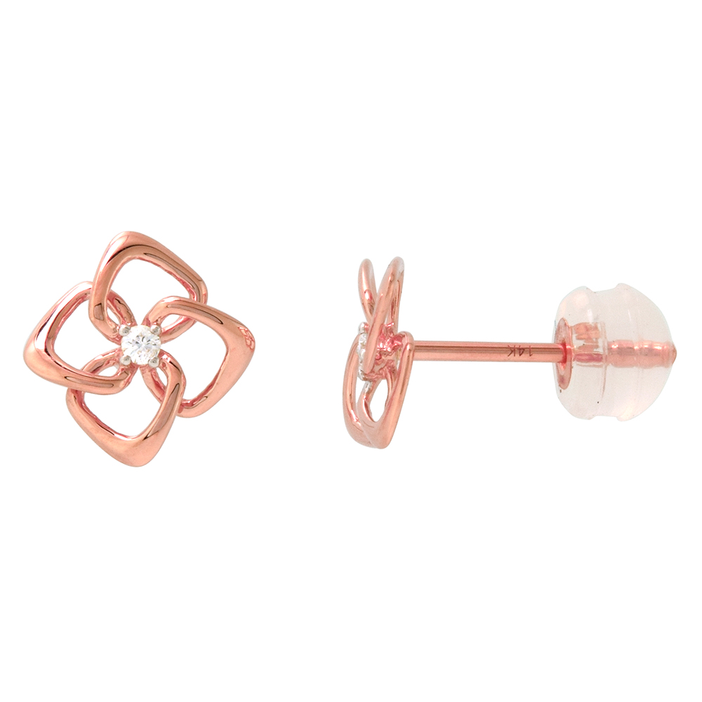 DAINTY 14K ROSE GOLD DIAMOND QUATREFOIL STUD EARRINGS FOR WOMEN 5/16 INCH WIDE 0.03 CTTW