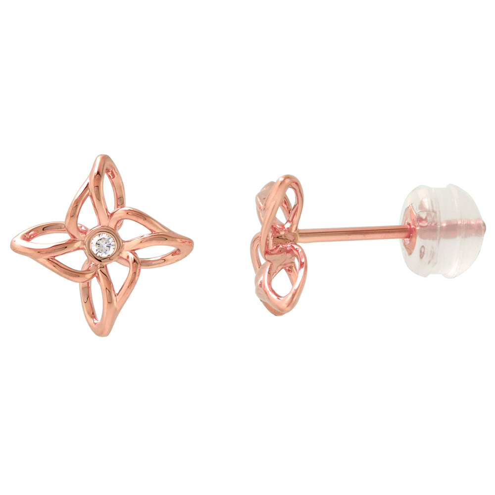 TINY 14K ROSE GOLD DIAMOND FLOWER STUD EARRINGS FOR WOMEN 0.03 CTTW 5/16 INCH WIDE