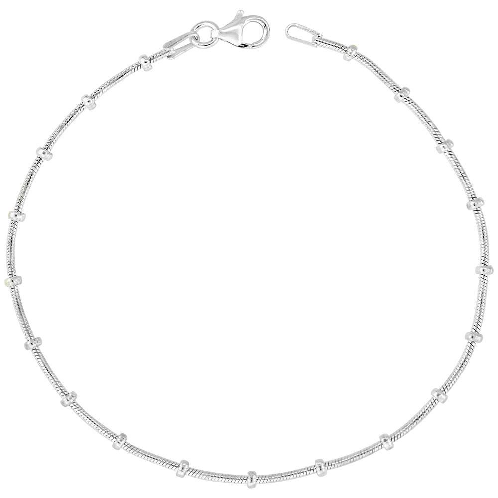 STERLING SILVER SNAKE CHAIN STATION NECKLACES & BRACELETS 1MM NICKEL FREE ITALY, SIZES 7 - 30 INCH