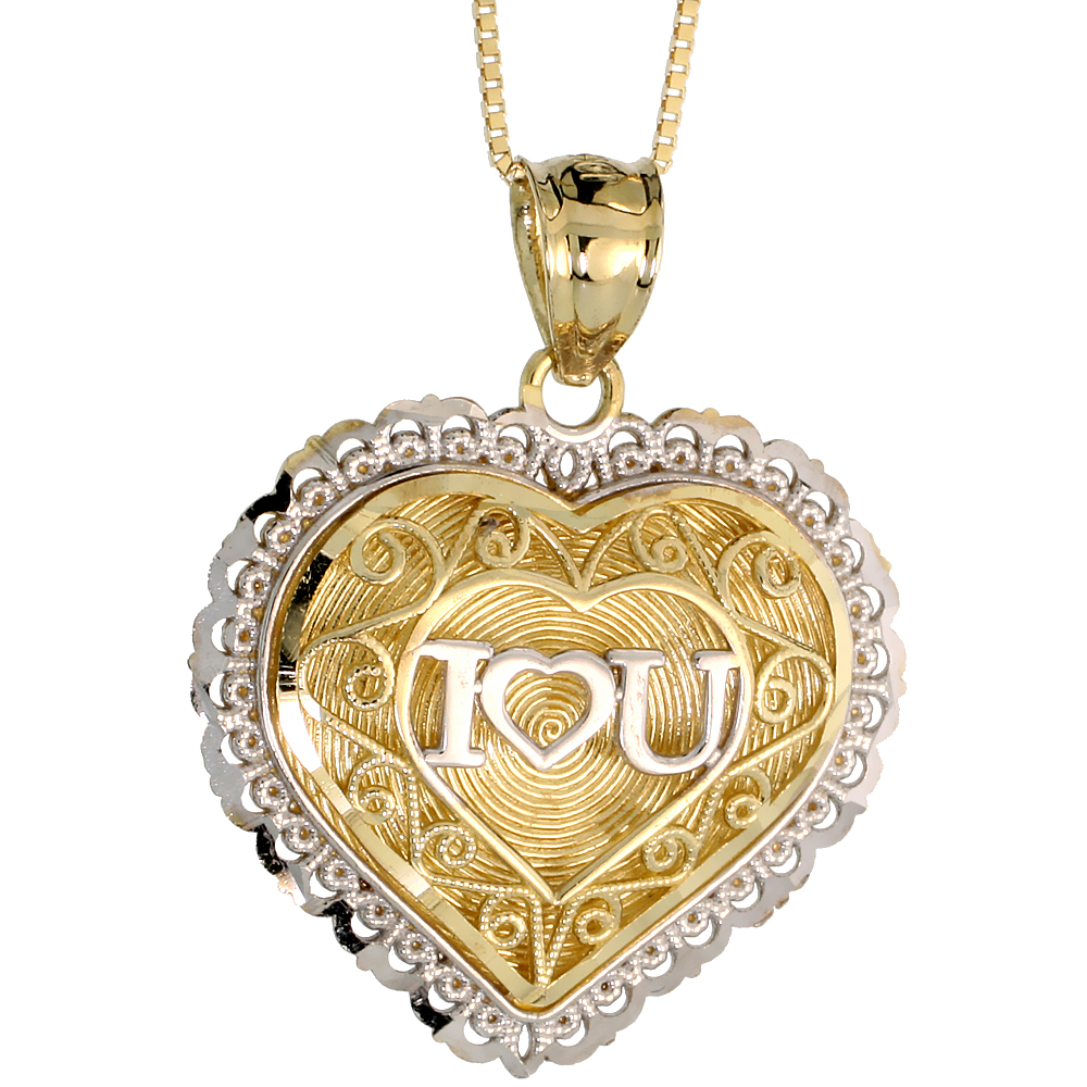 10k Gold Filigree Heart I Love You Necklace 2-tone 3/4 high 18 inch