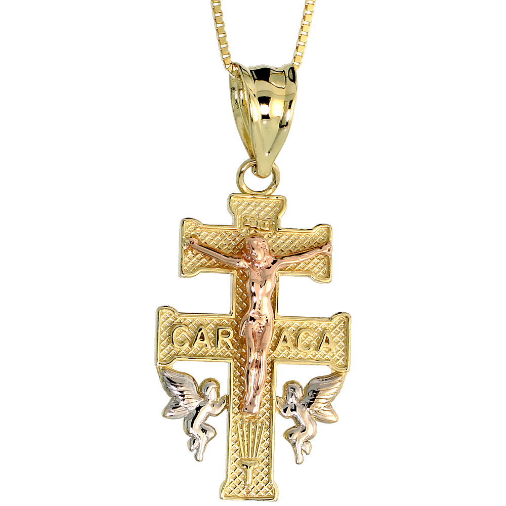 10k Gold Lorraine Cross & Angels Necklace 3-tone 7/8 high, 18 inch
