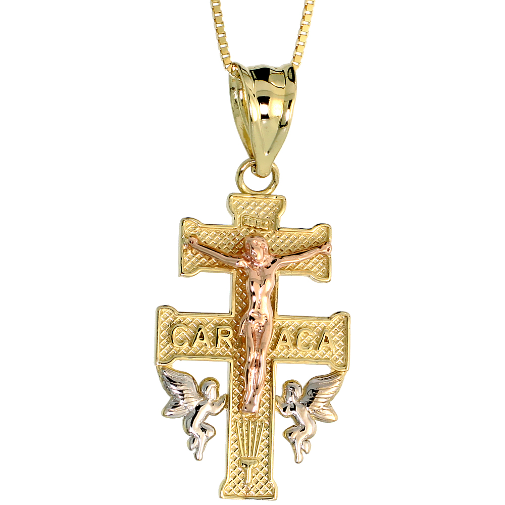 10k Gold Lorraine Cross &amp; Angels Necklace 3-tone 7/8 high, 18 inch