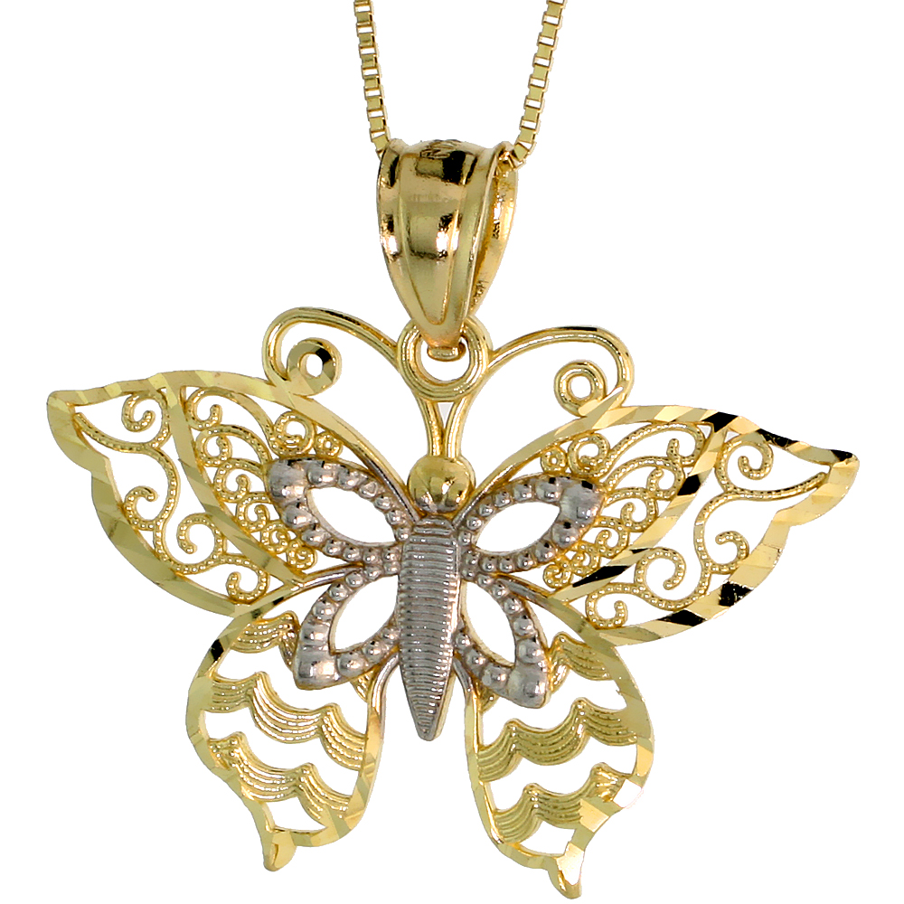 10k Gold Filigree Butterfly Necklace 2-tone 3/4 high 18 inch