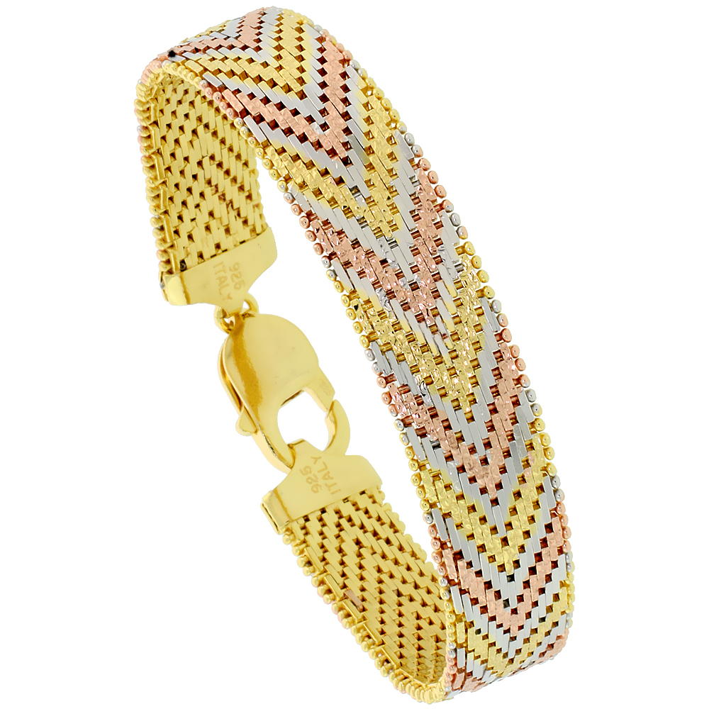STERLING SILVER ITALIAN TRI-COLOR RICCIO BRACELET 15-ROW 1/2 INCH WIDE, SIZES 7 - 8