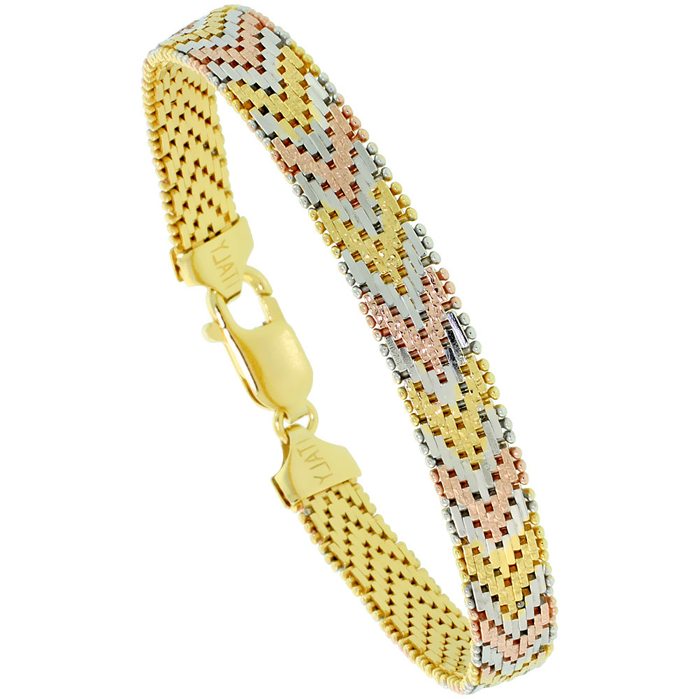 STERLING SILVER ITALIAN TRI-COLOR RICCIO BRACELET 9-ROW 5/16 INCH WIDE, SIZES 7 - 8