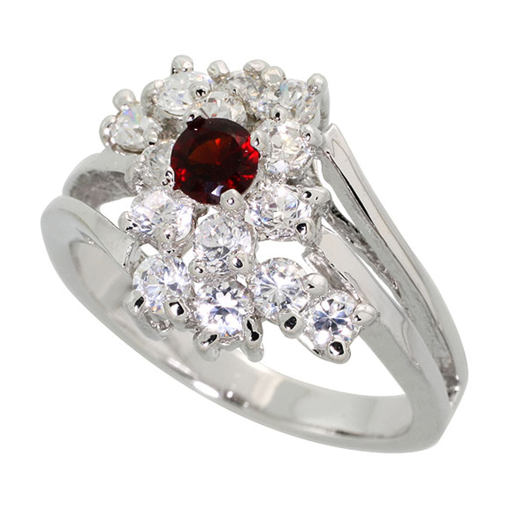 Sterling Silver Garnet Cubic Zirconia Cocktail Ring Rhodium finish, sizes 5 - 9