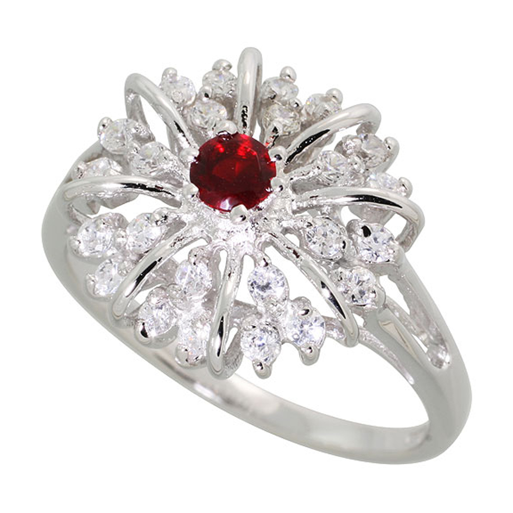 Sterling Silver Garnet Cubic Zirconia Starburst Ring Rhodium finish, sizes 5 - 9