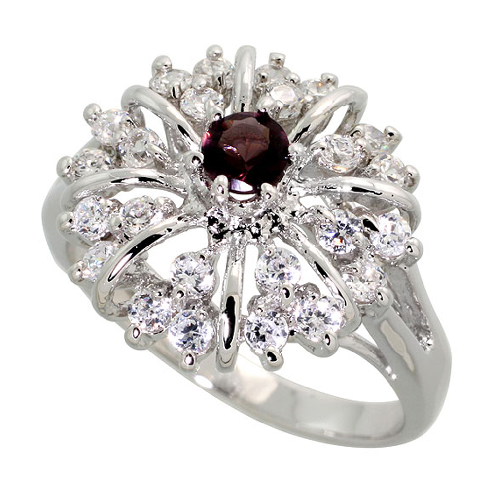 Sterling Silver Amethyst Cubic Zirconia Starburst Ring Rhodium finish, sizes 5 - 9