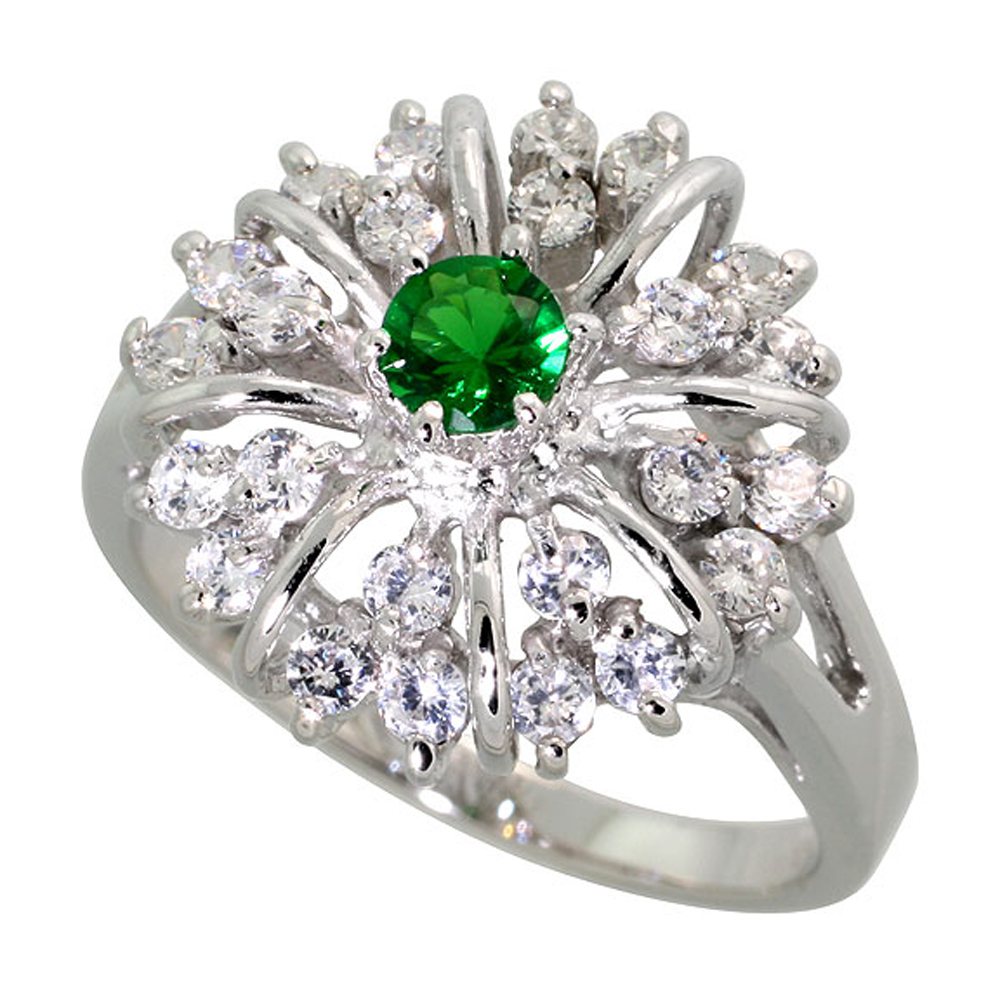 Sterling Silver Emerald Cubic Zirconia Starburst Ring Rhodium finish, sizes 5 - 9