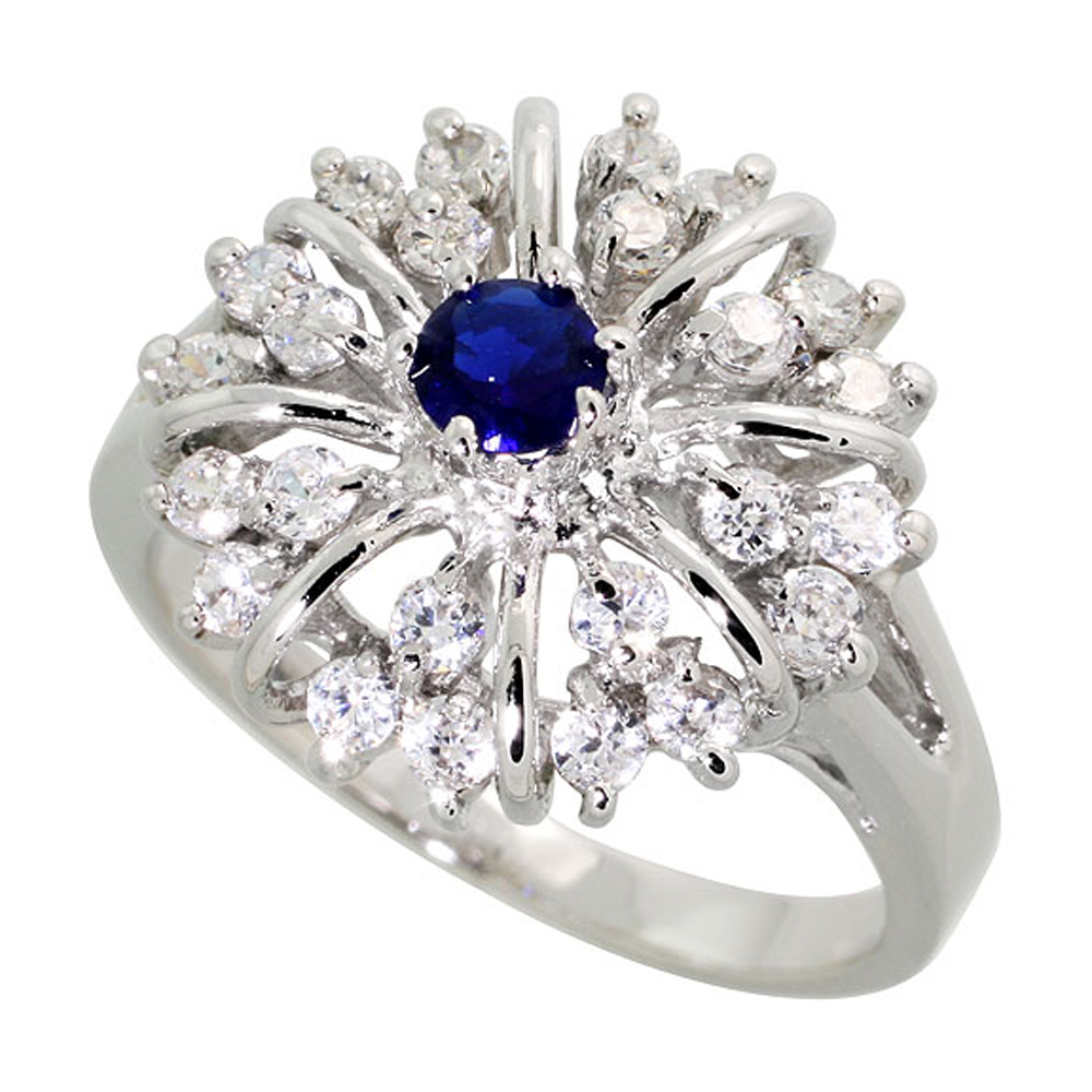 Sterling Silver Blue Sapphire Cubic Zirconia Starburst Ring Rhodium finish, sizes 5 - 9