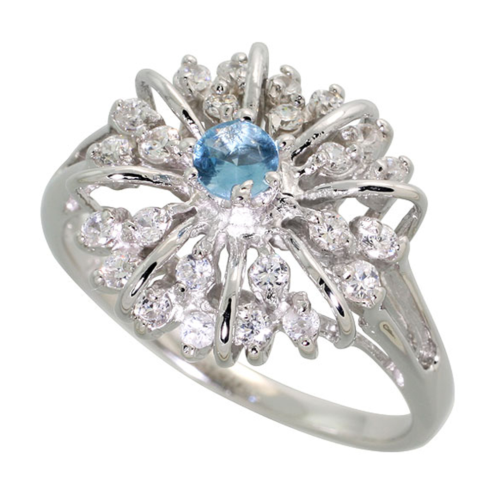 Sterling Silver Blue Topaz Cubic Zirconia Starburst Ring Rhodium finish, sizes 5 - 9