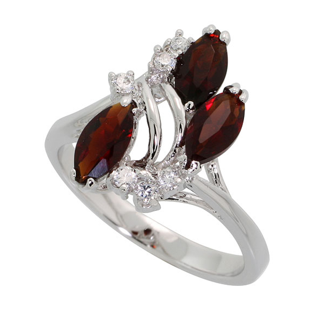 Sterling Silver Garnet Cubic Zirconia 3-Stone Ring Navette Shape Rhodium finish, sizes 5 - 9