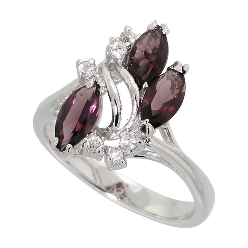 Sterling Silver Amethyst Cubic Zirconia 3-Stone Ring Navette Shape Rhodium finish, sizes 5 - 9