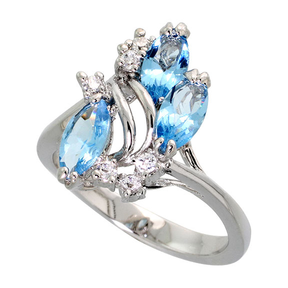 Sterling Silver Blue Topaz Cubic Zirconia 3-Stone Ring Navette Shape Rhodium finish, sizes 5 - 9