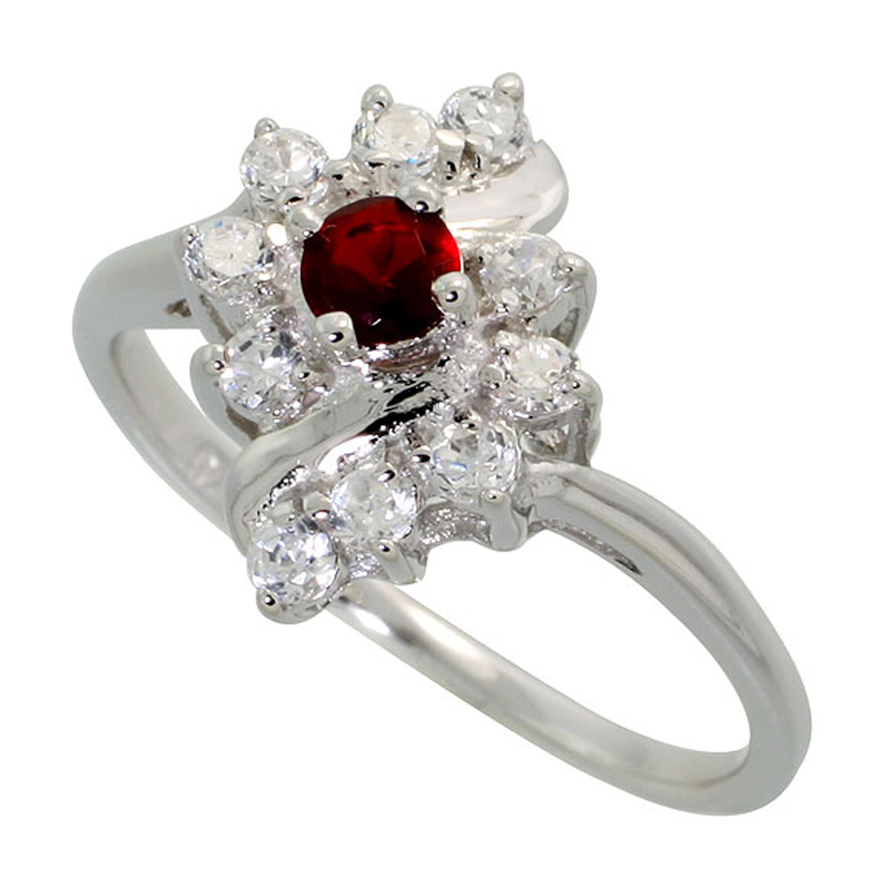 Sterling Silver Garnet Cubic Zirconia Ring Diamond Shape Rhodium finish, sizes 5 - 9