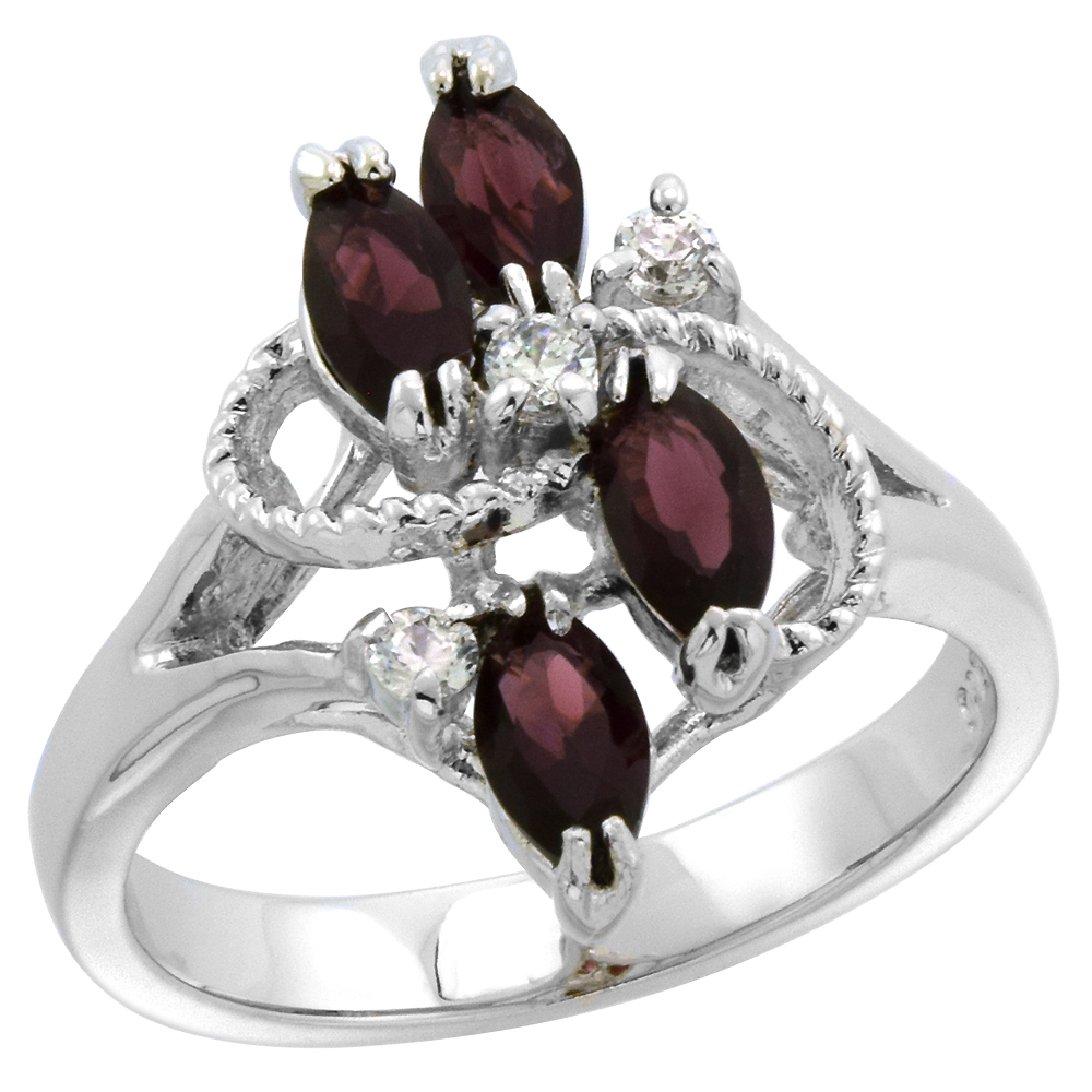 Sterling Silver Garnet Cubic Zirconia 4-Stone Ring Navette Shape Rhodium finish, sizes 5 - 9