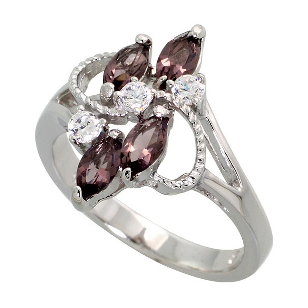 Sterling Silver Amethyst Cubic Zirconia 4-Stone Ring Navette Shape Rhodium finish, sizes 5 - 9