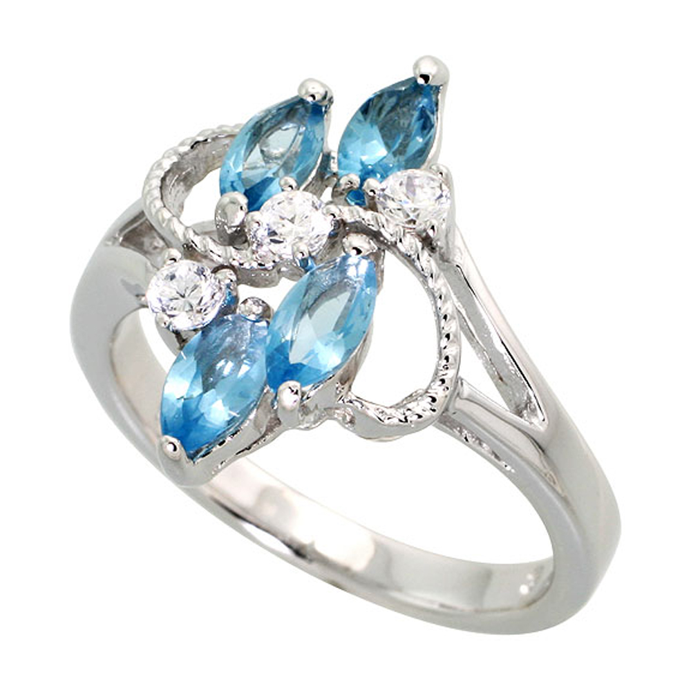 Sterling Silver Blue Topaz Cubic Zirconia 4-Stone Ring Navette Shape Rhodium finish, sizes 5 - 9