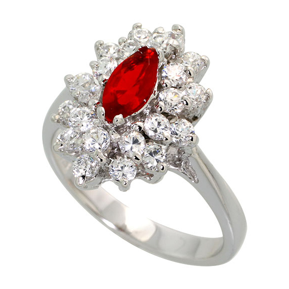 Sterling Silver Garnet Cubic Zirconia Ring Navette Shape Rhodium finish, sizes 5 - 9